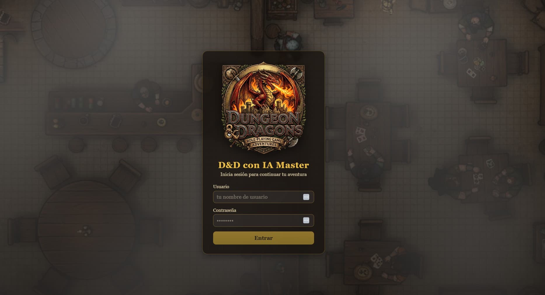 Pantalla de acceso de un pequeño juego de rol con IA